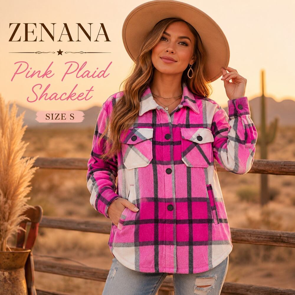 Zenana Pink Plaid Fleece Shacket Women’s Small Oversized Button Up Jacket NWT